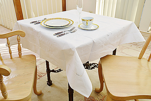 Square tablecloth. 45" square. Hemstitch. White color.